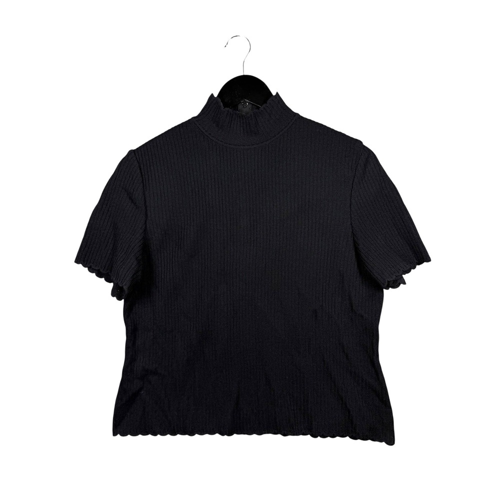 St. John Basics Black Ribbed Short Sleeve Mock Neck Top Size S, Zip Closure